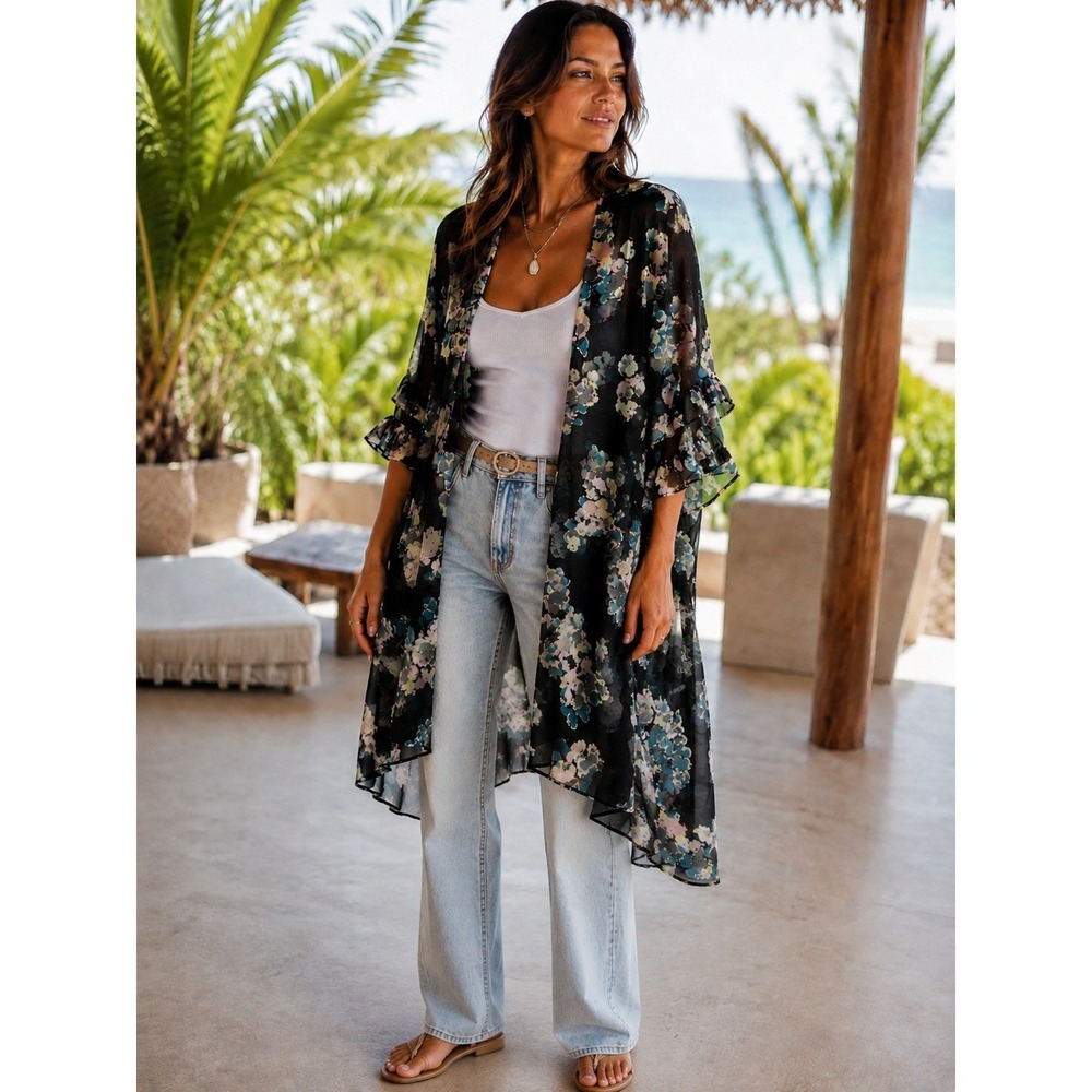 NWT Betsey Johnson Kimono Wrap OSFM Black Floral Ruffle Chiffon Open Front #1486